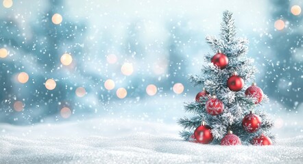 Wall Mural - Snow-Covered Christmas Tree with Red Ornaments and Star Topper Against a Sparkling Blue Background - Generative AI