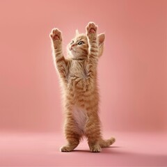 Wall Mural - Medium shot of A cute kitten standing on its hind legs, with paws raised, with soft 