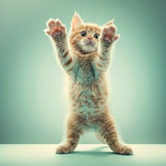 Wall Mural - Medium shot of A cute kitten standing on its hind legs, with paws raised, with soft 