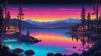 Wall Mural - lake tahoe usa retro neon