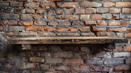 Wall Mural - Vintage brick wall background with copy space and old wooden floor shelf