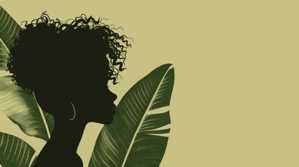 Wall Mural - Chinese minimalism illustration, silhouette portrait of a woman with curly hair, flat illustration Chinese figure illustration on muted olive background, banana leaves, empty copy space