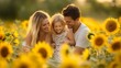 © EleganceStuDesigns - A happy family of three enjoying time together in a field of sunflowers. The parents and their young daughter are smiling and bonding, surrounded by vibrant yellow flowers under warm sunlight.