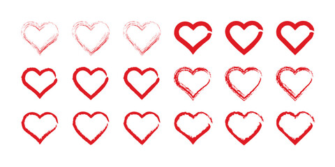 Wall Mural - set of ink or brush red painting isolated on white background. heart outlined shapes. vector icons i
