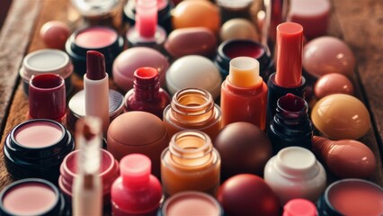 Poster - A bunch of different types and colors of lipsticks on a table, AI