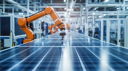 Wall Mural - A large production line equipped with industrial robot arms at a modern brightly lit factory where solar panels are assembled on a conveyor in an automated manufacturing facility