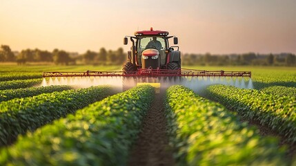 a tractor sprays pesticides on a soybean field using a sprayer in the spring