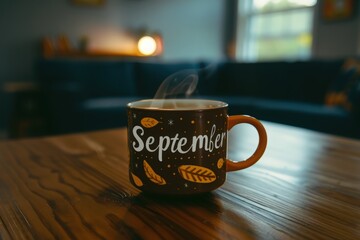 A steaming cup of coffee sits on a wooden table, radiating warmth against a backdrop of autumn decor and soft sunlight streaming through the window.