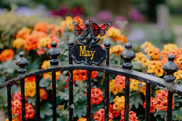 A captivating garden comes alive with colorful flowers and fluttering butterflies, celebrating the beauty of May's bloom.