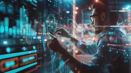Aufkleber - Businessman analyzes profitability of working companies with digital augmented reality graphics positive indicators in 2024 businessman calculates financial data for longterm investmen : Generative AI