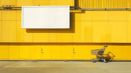 Poster - Large horizontal billboard on the yellow facade of a shopping center Lots of shopping carts Mockup : Generative AI
