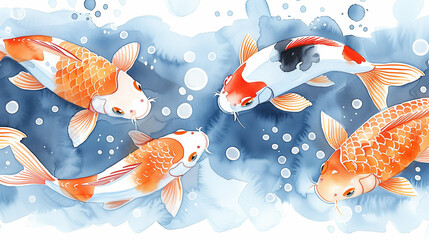 Wall Mural - koi fish in watercolors: vibrant artistic depiction of colorful koi swimming gracefully in blue wate