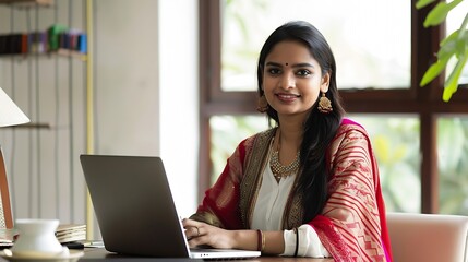 Leinwandbilder - Indian asian young working professional female working on laptop at home wears smart formals : Generative AI