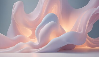 Wall Mural - 3D render of abstract, flowing, organic shapes in pale pink, white, and light blue. The shapes create a sense of movement and depth.