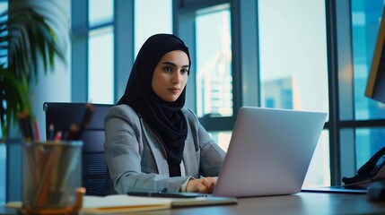 Leinwandbilder - Young middle east woman business worker using laptop working at office : Generative AI