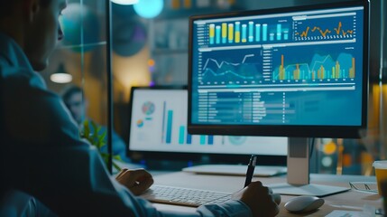 Wall Mural - Business people use computers to analyze business and manage corporate data business analytics with charts metrics and KPIs to improve organizational performance financial organization : Generative AI