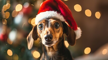 Adorable Dachshund in Christmas Hat Celebrating the Holiday Season with Festive Lights