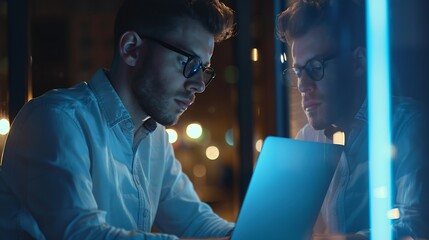 Canvas Print - Business Man Entrepreneur Typing On Laptop Doing Research Glass Reflection Young Male Professional Using Computer Sitting At Office Desk Busy Worker Freelancer Working On Notebook Devi : Generative AI