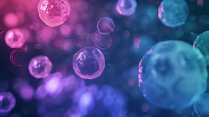 Fototapete - Closeup of abstract background with round shaped cells of vaccine of different sizes illuminated by colorful light : Generative AI