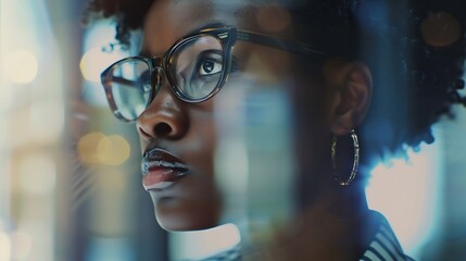 Poster - Office laptop and black woman reflection in glasses and thinking checking email or search on digital report Computer concentration and journalist reading article for African online new : Generative AI