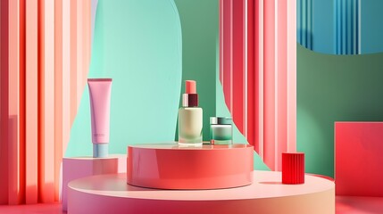 Aufkleber - Geometric product presentation pedestal A game of shapes and bright colors created by acrylic glass Ribbed patterns provide a creative scene for beauty products decorations makeup and  : Generative AI
