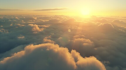 Wall Mural - an aerial shot above beautiful sunset clouds with sun shining on horizon detailed picturesque view a