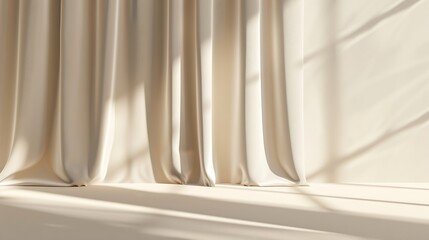 Poster - Minimalistic abstract gentle light beige background for product presentation with light and shadow of window curtains on wall : Generative AI