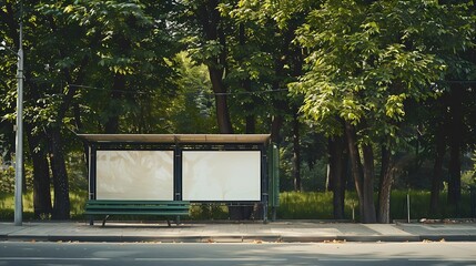 Poster - Billboard at the bus stop Green trees in the background Mockup : Generative AI