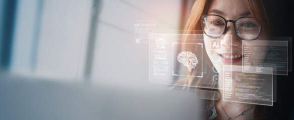 Wall Mural - ai artificial intelligence. business woman using ai technology for data analysis, coding computer la