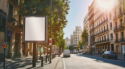Poster - Blank advertising billboard mockup on a sunny street in madridsurrounded by historic architecture and urban traffic : Generative AI