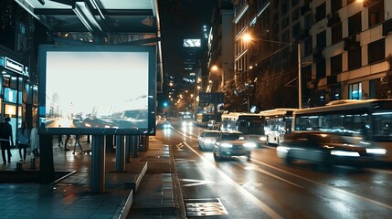 Poster - White bus stop billboard poster in a station with cars in moving in the background Front view mockup concept blank poster city traffic : Generative AI