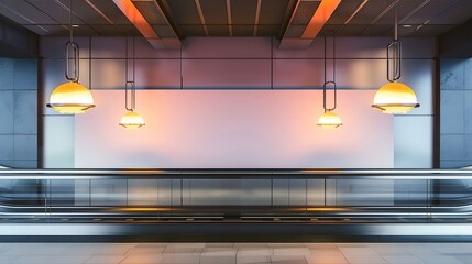 Poster - Mock up horizontal large billboard on the wall near escalator in shopping mall Four Lamps hanging on ceiling neon lighting on the wall Attractive empty space for insert advertising med : Generative AI
