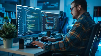 DisabilityFriendly Office Brilliant IT Programmer with Disability in a Wheelchair Working on Desktop Computer Male Specialist Create Inspirational Software Engineer Develop Innovative  : Generative AI