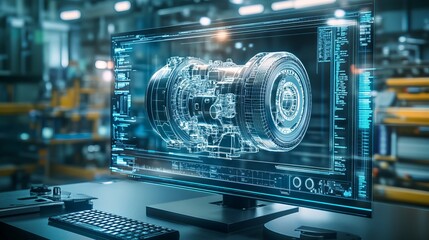 An engineering designer uses 3D CAD software to design an industrial engine model showing mechanical dimensions on a digital manufacturing factory engineers computer screen 3D rendering