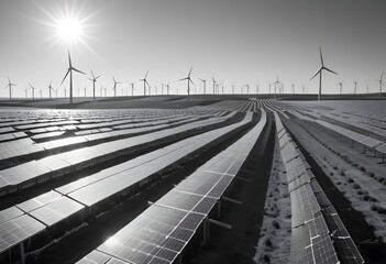 A black-and-white photo of a field of solar panels and wind turbines, representing renewable energy sources. The sun is shining brightly in the sky.