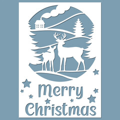 Wall Mural - Merry Christmas greeting card with deer, template for cutting.