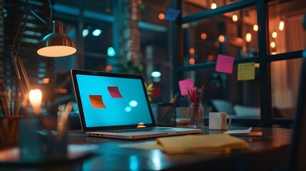 Leinwandbilder - Sticky note for creative and analytic brainstorm for business idea with BI data dashboard on laptop screen Analysis financial data visualization tech for marketing strategy Prodigy : Generative AI