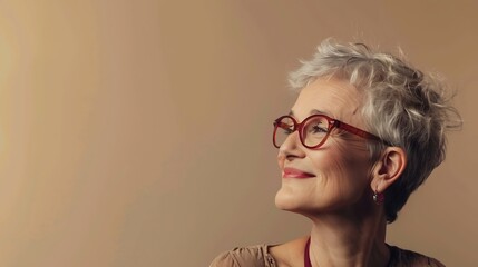 Wall Mural - Portrait of smiling mature woman wearing red stylish eyeglasses looking away isolated on beige background copy space Vision concept : Generative AI