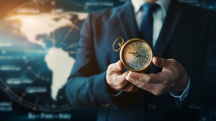 Aufkleber - Business growth purpose and direction for business development Businessman with compass navigator and market research strategy and planning for business solution finance and investment : Generative AI