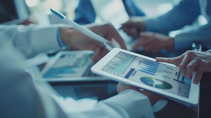 Aufkleber - Business team using tablet and laptop analyzing sales data economic growth graph chart Business planning and strategy Financial report market research digital marketing business data a : Generative AI