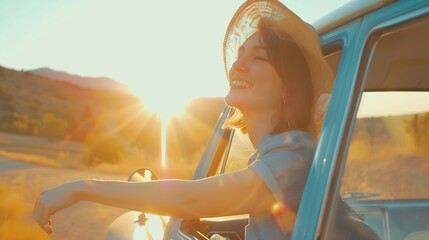 Young happy woman in hat enjoys car ride leaning out of the window In summer a beautiful tourist woman travels by car and enjoys the golden sunset Concept of an active lifestyle travel : Generative AI