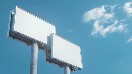 Wall Mural - Mock up two white vertical LED display billboard on tower building with blue sky background clipping path for mockup : Generative AI