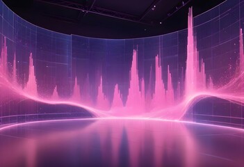 Sticker - A futuristic, curved room with a glowing pink light creating an abstract pattern on a screen.