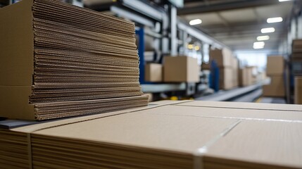 Elements of carton boxes are stacked together A conveyor line for producing boxes where a machine cuts cardboard boxes from sheets An enterprise focused on package production