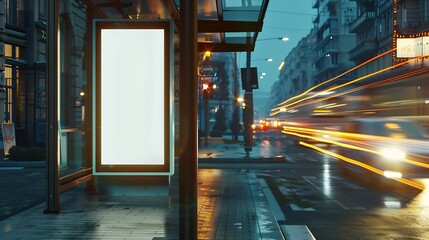 Poster - White bus stop billboard poster in a station with cars in moving in the background Front view mockup concept blank poster city traffic : Generative AI