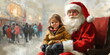 © Vasiliy - A young girl sits happily on Santa's lap in a festive setting. Classic Christmas moment with Santa Claus in a busy shopping area
