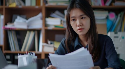 Poster - Asian financial woman working inside office with documents papers behind paperwork serious businesswoman looking financial reports at workplace  confident successful female accountant : Generative AI