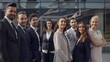 © The Little Hut - Cheerful smiling team of diverse business people in formal suit looking confident at camera with positive faces gathered outside the work building Happy corporate work team posing for  : Generative AI