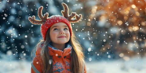 A young girl in a red hat and reindeer antlers looking up in wonder at the falling snow, dressed warmly in an orange coat, with a snowy backdrop