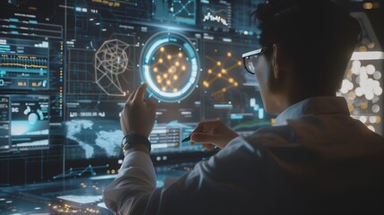 Aufkleber - Businessman analyzes profitability of working companies with digital augmented reality graphics positive indicators in 2024 businessman calculates financial data for longterm investmen : Generative AI